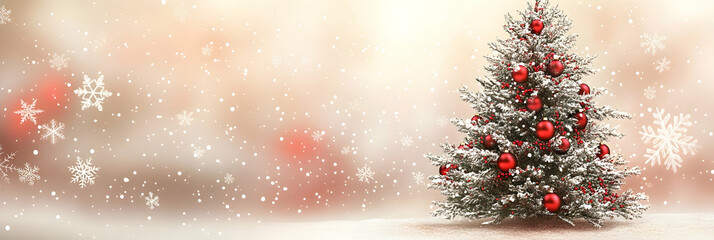 Poster - Christmas tree with red ornaments and snowflakes on a blurred background