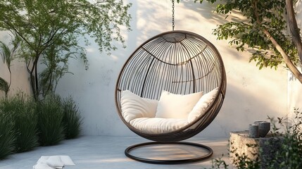 Wall Mural - A clean modern swing chair styled on a minimalist patio with soft natural light. background