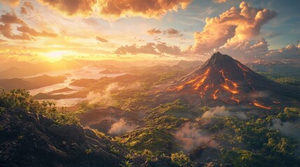 Wall Mural - Majestic Volcano Erupts Under Dramatic Sunset Sky with Lush Landscape and Serene Waters in Background