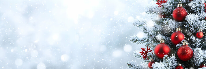 Poster - Christmas tree with red ornaments and snowflakes on a blurred background