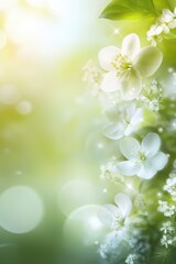 green theme spring background with flowers leaves.