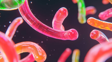 Poster - Colorful gummy worms floating in dark background for confectionery design