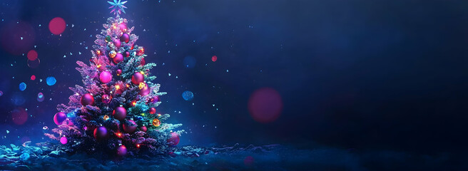 Poster - Christmas tree with colorful decorations on a blue background