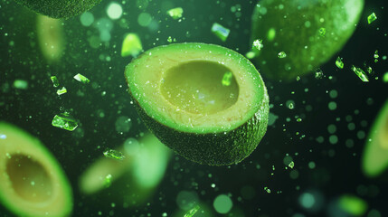 Poster - Vibrant green background with drifting halved avocados for fresh design concepts