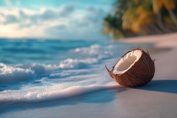 Poster - A single coconut rests on the sandy beach beside the ocean