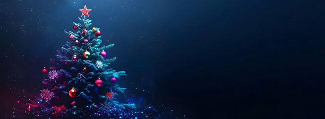 Poster - Christmas tree with colorful decorations on a blue background