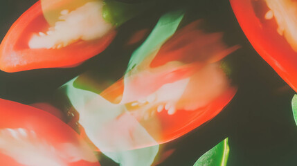 Poster - Vibrant background of drifting halved chili peppers for culinary art and design