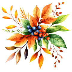 Poster - Watercolor painting of a vibrant bouquet featuring autumn leaves and colorful berries isolated on transparent background..