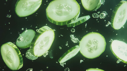 Poster - Floating halved cucumbers on dark background for fresh design concept