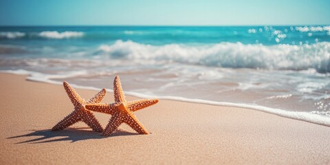 Poster - Two starfish sit on a sandy beach beside the ocean