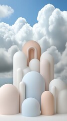 Poster - Brightly colored buildings feature geometric shapes and a clear sky, showcasing a simple yet captivating atmosphere filled with modernity