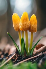 Poster - Close-up view of two small yellow mushrooms growing directly from the soil, great for use in illustrations about nature and gardening