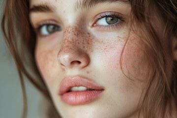 Poster - Close-up portrait of a woman with distinctive freckles on her face