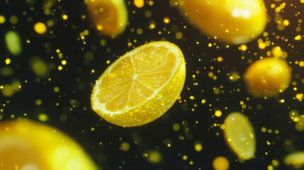 Aufkleber - Vibrant floating lemons on dark background for refreshing summer design