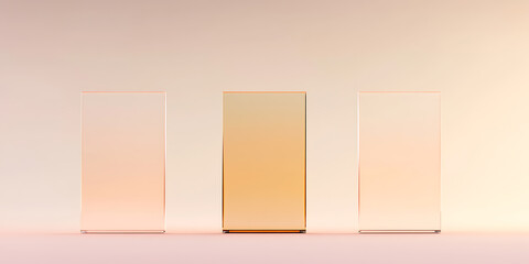 Aufkleber - Geometric Arrangement: Three clear display stands, the central stand a golden hue, bathed in soft lighting against a pale background, minimalist and elegant.