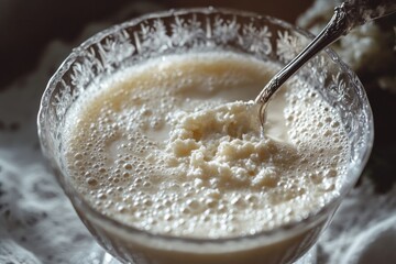 Poster - A glass filled with milk and a spoon resting inside