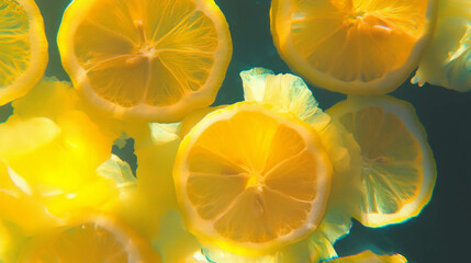 Poster - Fresh lemons floating underwater with vibrant yellow glow for refreshing summer design