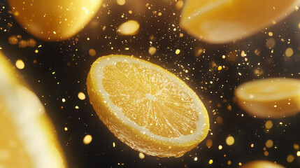 Poster - Vibrant citrus floating lemons on energetic yellow abstract background