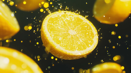 Poster - Vibrant background of drifting halved lemons with bright bokeh for fresh and lively designs