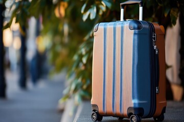 Poster - A piece of luggage sits on a city sidewalk, awaiting its owner's return