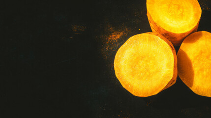 Poster - Vibrant yellow halved rutabagas drifting on dark background for culinary design