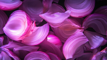 Aufkleber - Vibrant background of drifting halved pink shallots for culinary and artistic design