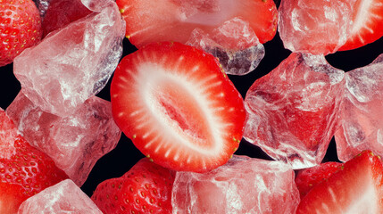 Poster - Fresh halved strawberries with ice background for summer refreshment theme