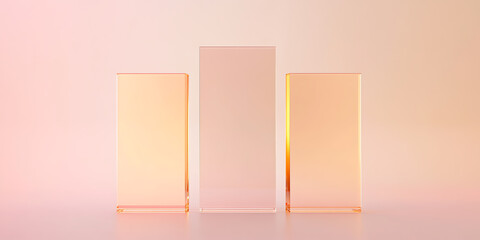Aufkleber - Three acrylic blocks are arranged symmetrically in a row against a peachy pink backdrop, with a minimalist and modern aesthetic.