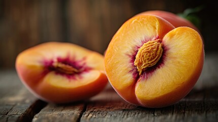 Aufkleber - A fresh sliced peach resting on a wooden table, perfect for photography, still life or food styling