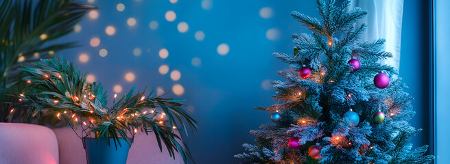 Poster - Christmas tree with colorful decorations on a blue background