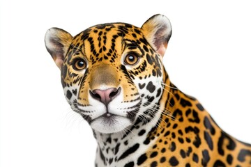 Poster - A close-up view of a leopard's face on a white background, ideal for use in animal-themed designs or wildlife-inspired art