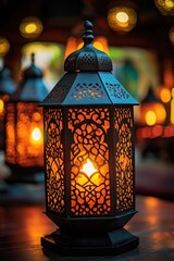 Aufkleber - A lit lantern sits on top of a wooden table, providing warm light