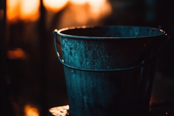 Wall Mural - A metal bucket sits on top of a table, awaiting use