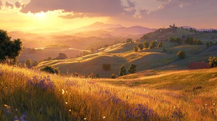 Wall Mural - Serene Sunset Overrolling Hills and Fields with Colorful Wildflowers and Warm Light in the Background