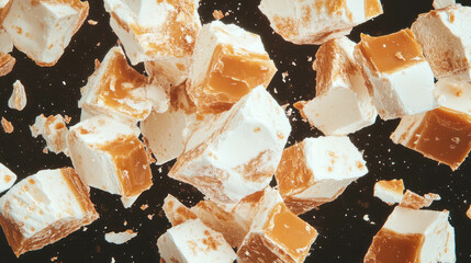 Poster - Floating nougat cubes on dark background for confectionery and dessert design
