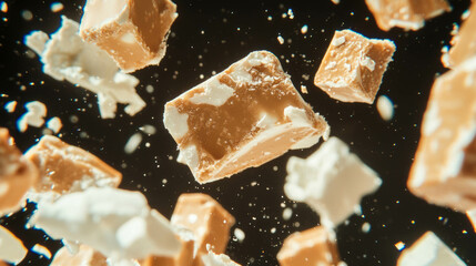 Poster - Floating nougat pieces in motion against dark background for dynamic design concepts