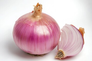 Poster - Fresh onion and partially cut onion on a white background, ideal for food, cooking, or still life photography