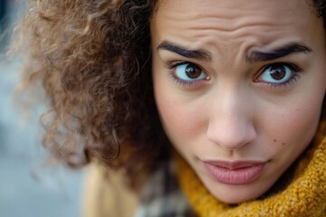 Poster - A person's face with a scarf wrapped around their neck, ideal for use in editorial or commercial contexts