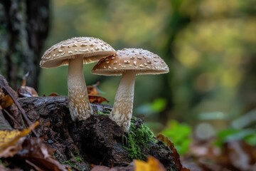 Poster - A pair of mushrooms sit atop an old tree stump in a forest setting