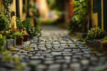 Poster - A quiet alleyway with greenery and plant pots, suitable for use in travel, architecture or lifestyle images