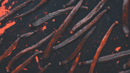 Poster - Exotic vanilla beans on dark background design for culinary and culinary arts concepts