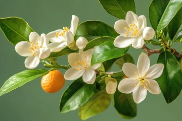 Poster - A branch of an orange tree adorned with white flowers, perfect for spring or summer-themed designs