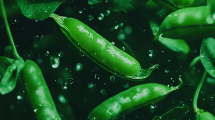 Poster - Fresh green peas in pods with water droplets background for nature design