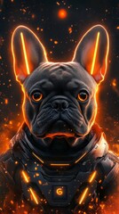 Poster - French bulldog in futuristic armor with glowing orange lights against a dark background. Sci-fi pet portrait concept