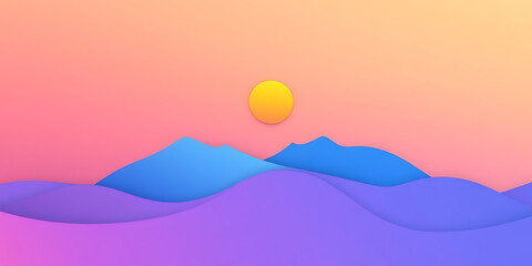 Poster - Abstract landscape art featuring a soft gradient sky, stylized mountains, and a prominent sun, evoking tranquility and minimalist aesthetics.