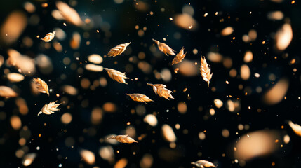 Poster - Falling barley grains on dark background for nature and harvest themes