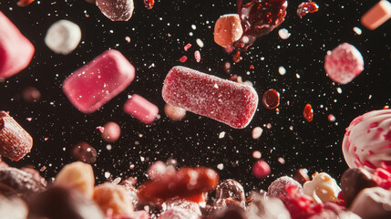 Poster - Colorful abstract background of falling bonbons and varied shapes for creative design