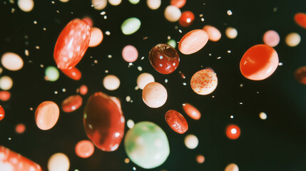 Poster - Colorful falling bonbons on dark background for sweet treat designs