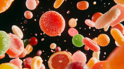Poster - Vibrant abstract background of falling candied fruits in motion for creative design