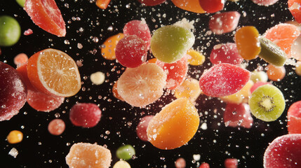 Poster - Vibrant background of falling candied fruits in motion for food art and design